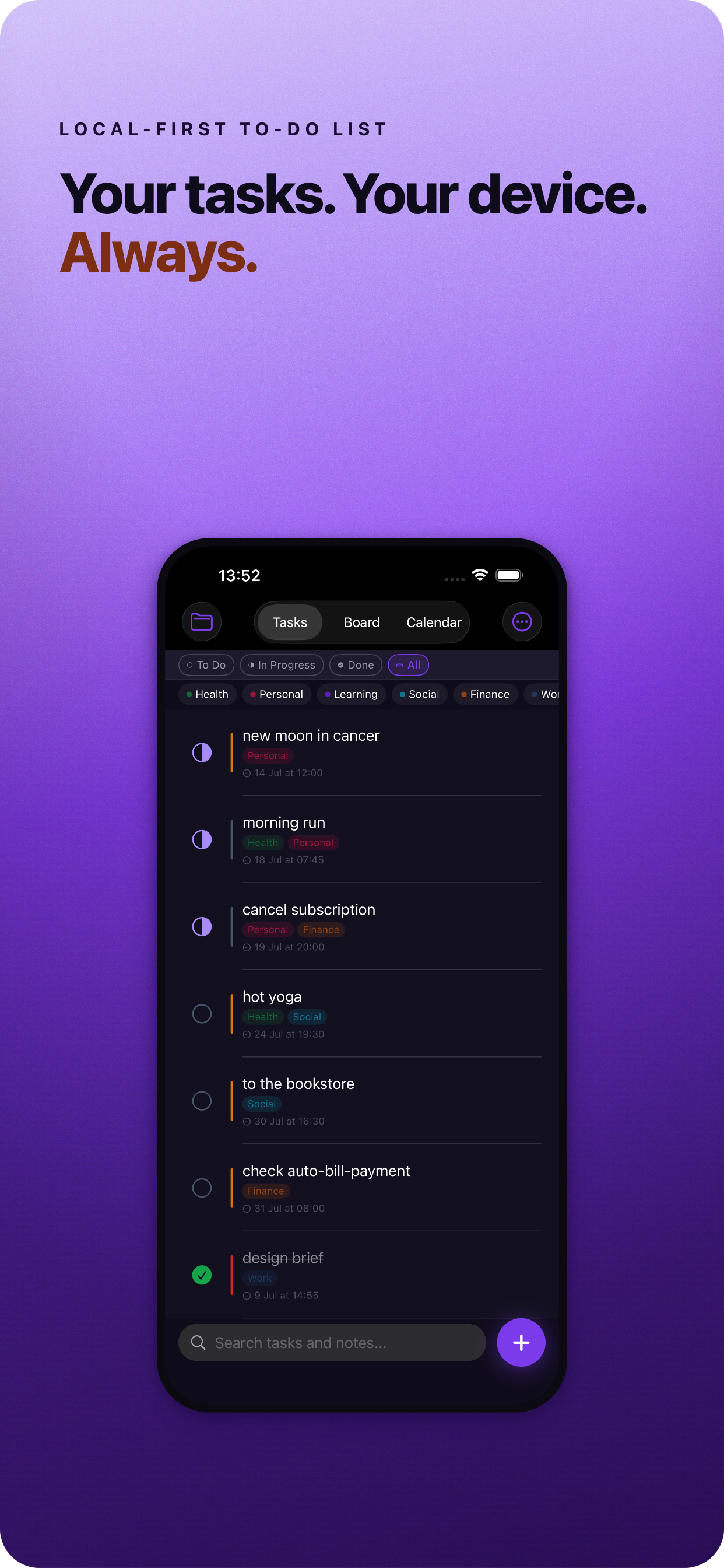 Task list grouped by day with coloured tags and status markers