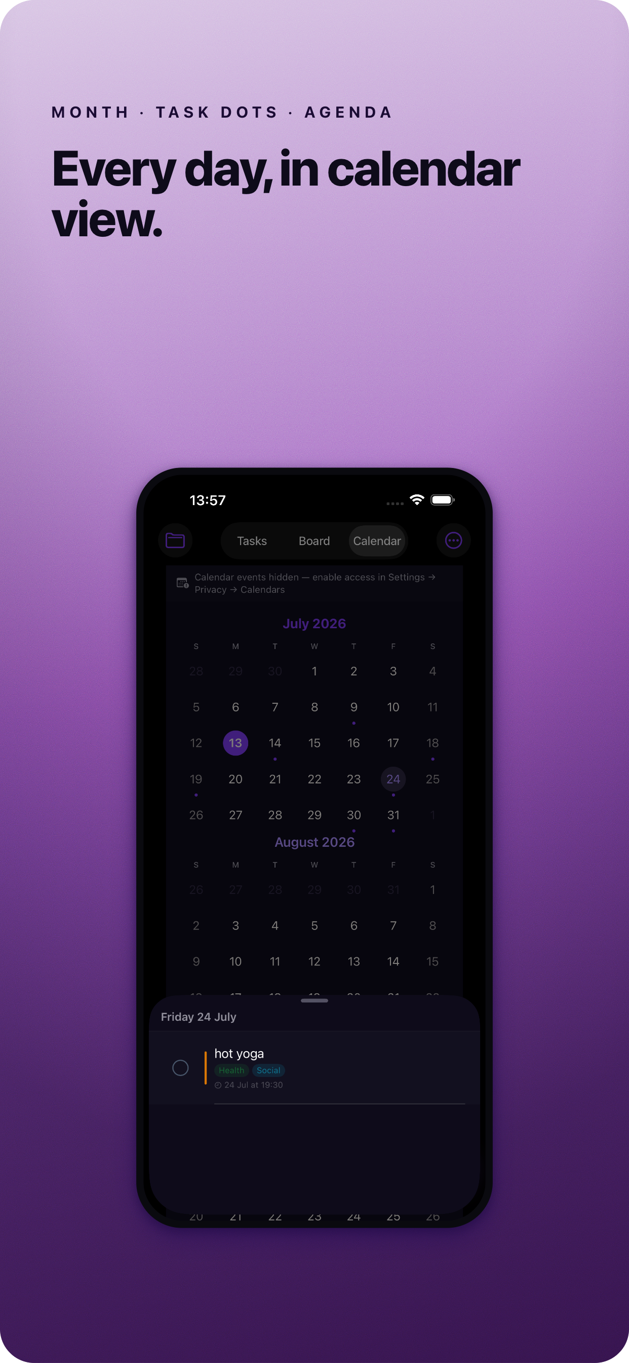 Month calendar with task dots and an agenda sheet below