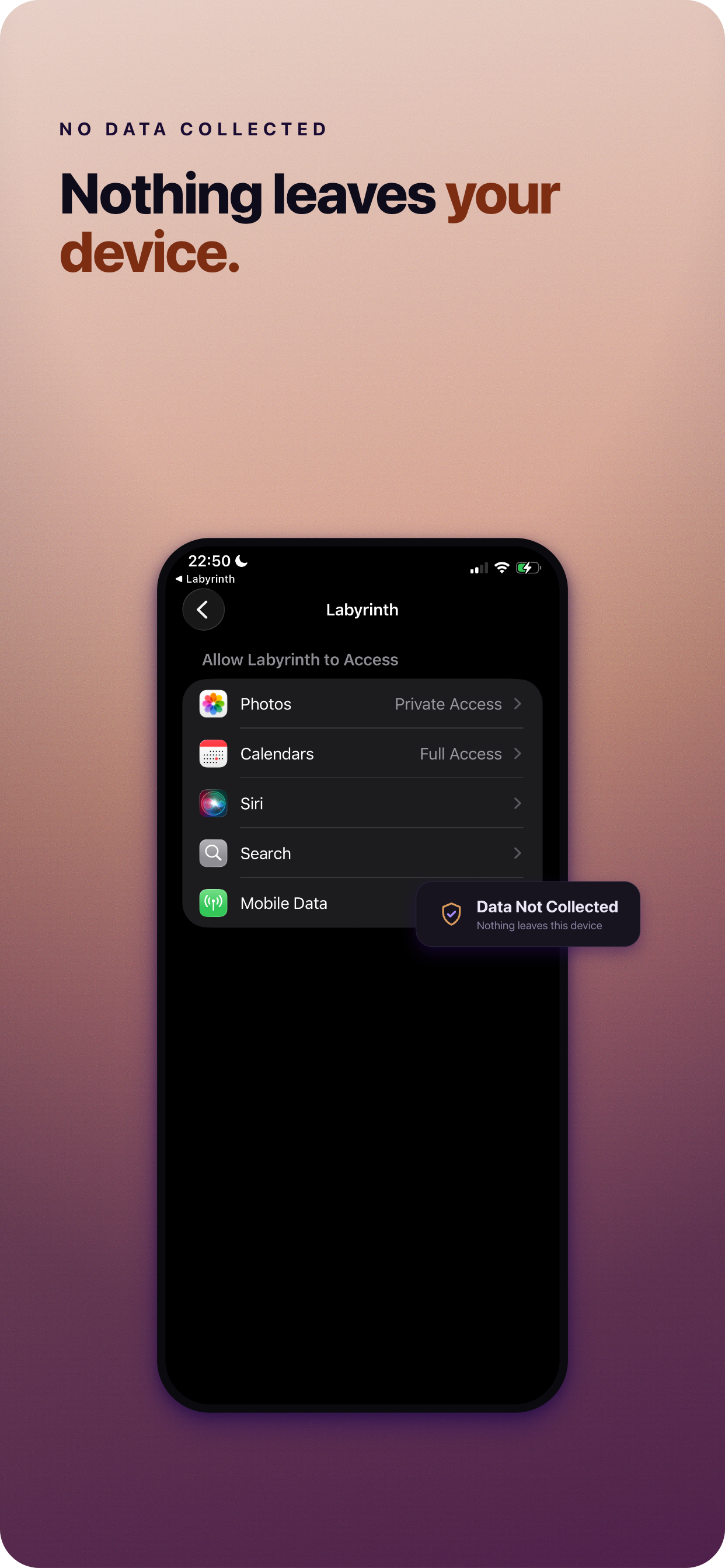 iOS permissions screen showing no data collected